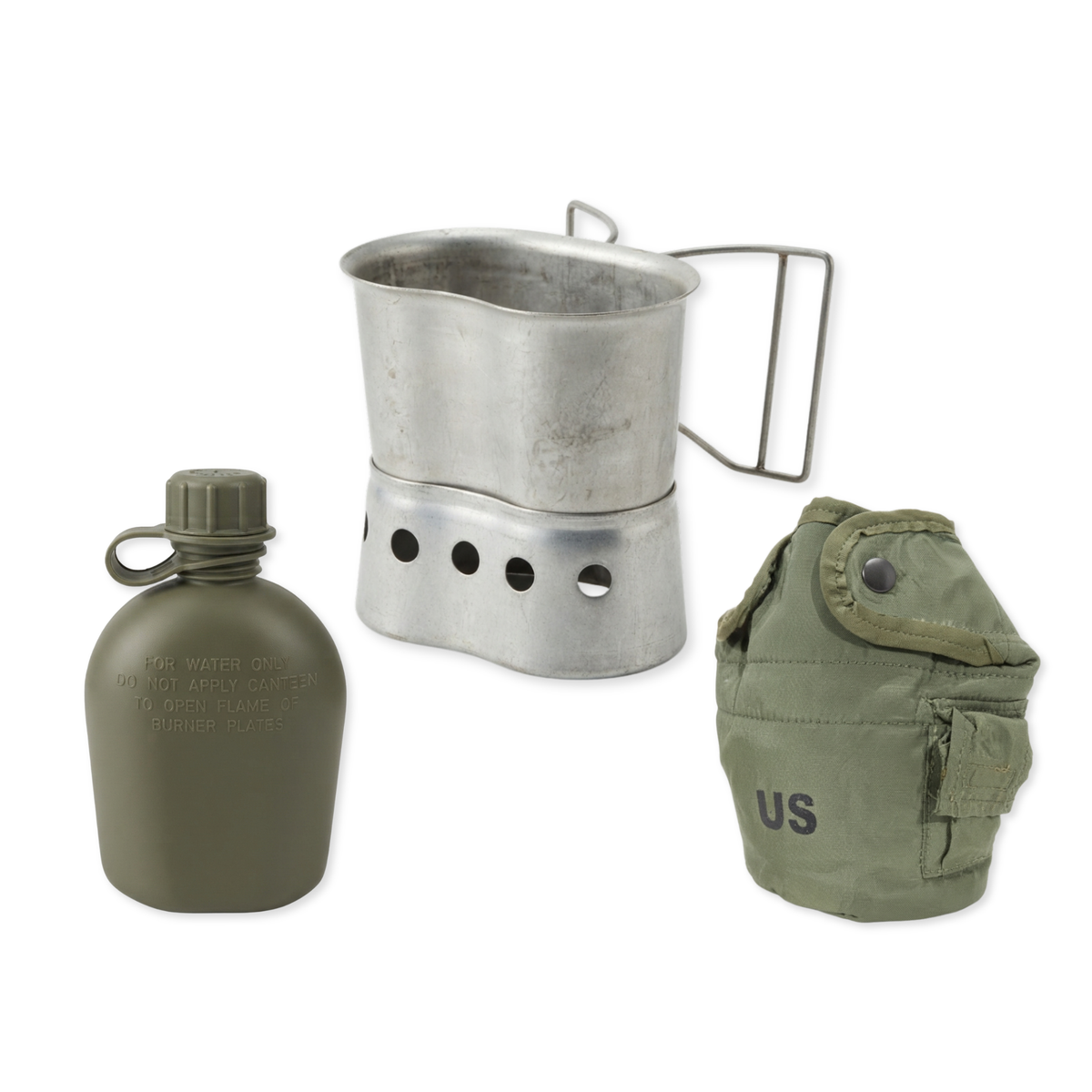 GI 1-Qt Canteen Hydration & Cooking Kit – Canteen (New), MOLLE Cover (Used), Stainless Cup (Used) & Stove Stand (Used)