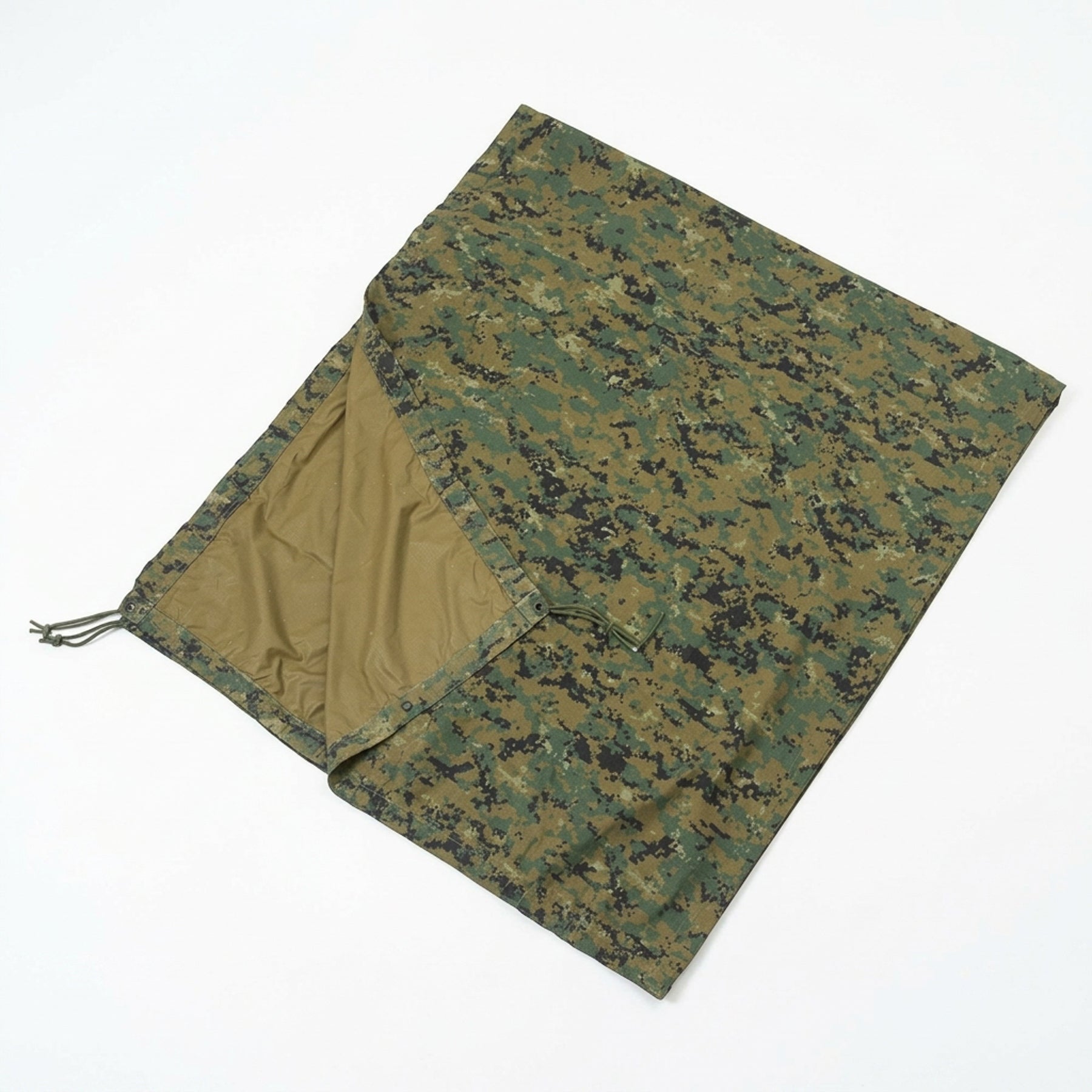 A camouflage military-style blanket or sleeping bag cover shown flat on a white background, with the interior lining visible on one folded section.