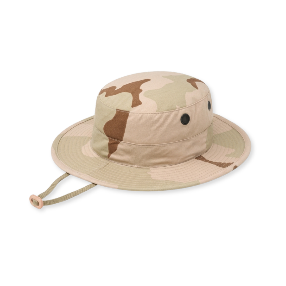 A desert camouflage boonie hat with a wide brim, ventilation eyelets, and an adjustable chin strap, shown on a plain white background.