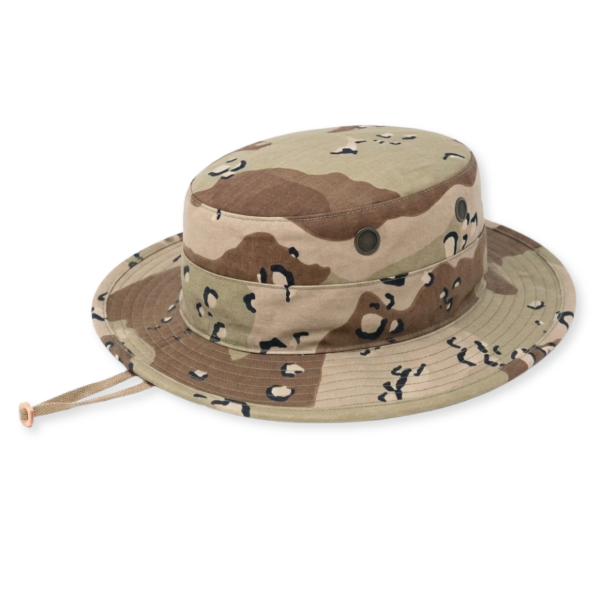A desert camouflage boonie hat in tan, brown, and black, featuring a wide brim and a chin strap, shown on a plain white background.