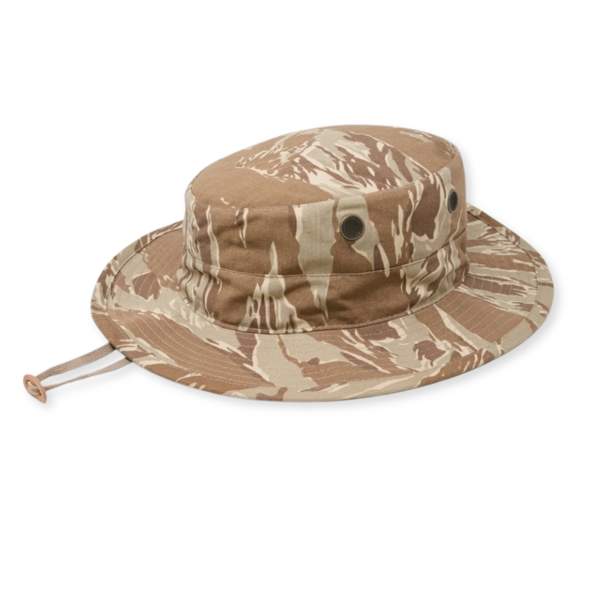 A camouflage boonie hat in a desert tiger stripe pattern of tan, brown, and beige, featuring a matching adjustable chin strap and ventilation eyelets on the side.