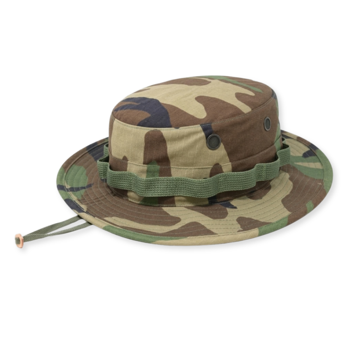A camouflage boonie hat with an olive green chin strap and matching green eyelets, shown on a plain white background.