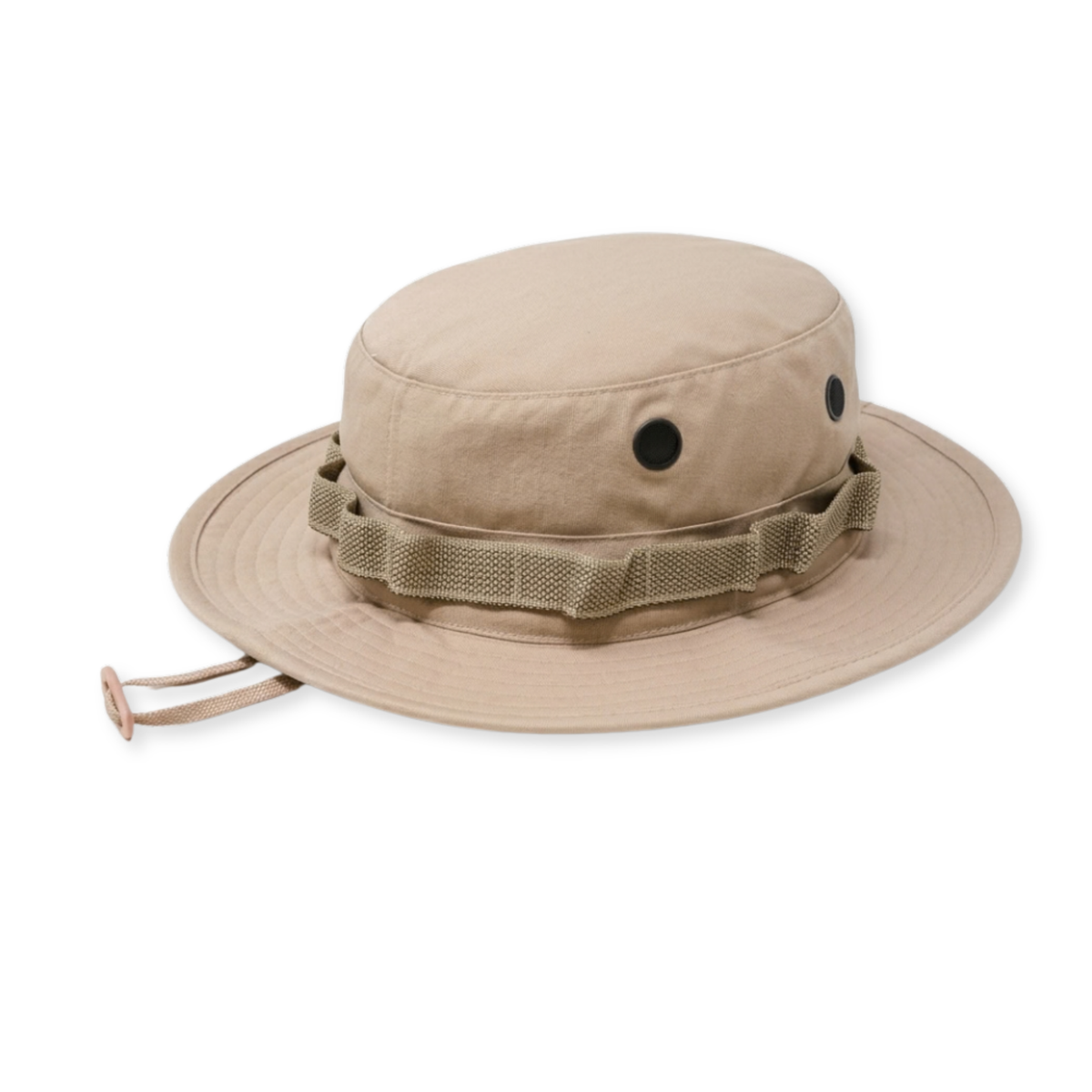 A beige wide-brim boonie hat with a matching fabric chin strap and two ventilation eyelets, shown on a plain white background.