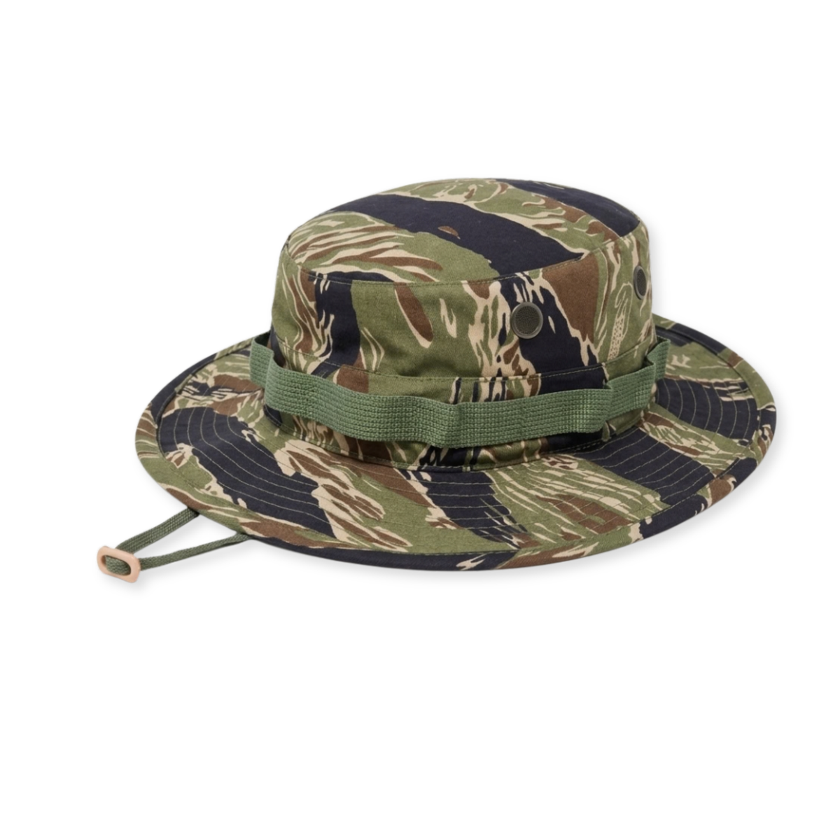 A camouflage boonie hat with a wide brim, featuring a green elastic band with a metal snap closure and a drawstring cord, shown on a plain white background.