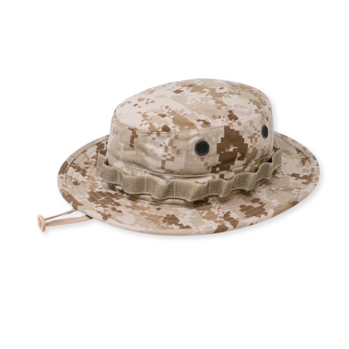 A desert digital camouflage boonie hat with a ruffled beige band and two black ventilation eyelets, shown on a plain white background.