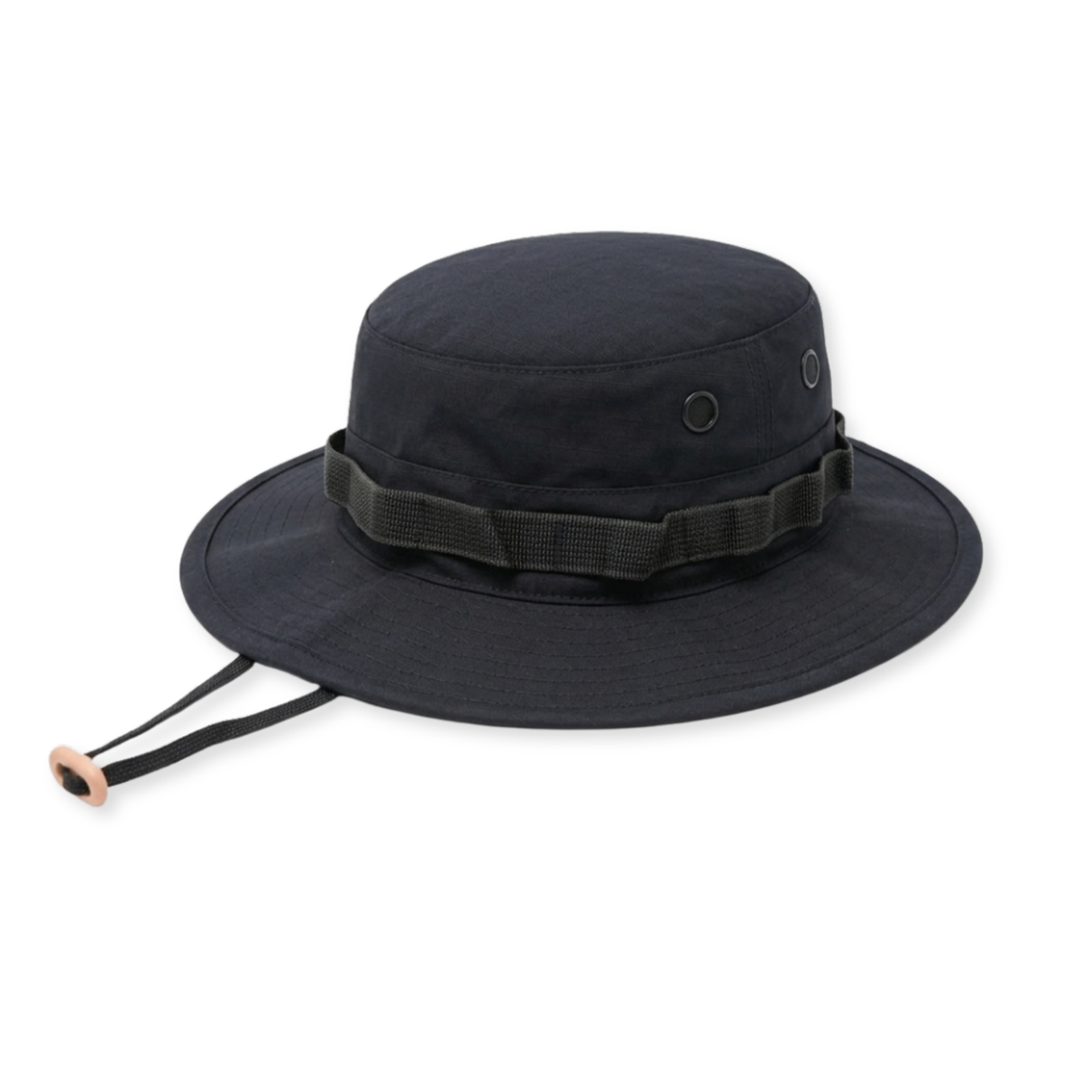 A black boonie hat with a wide brim, a black adjustable strap around the crown, and a black chin cord with a light tan toggle, shown on a plain white background.