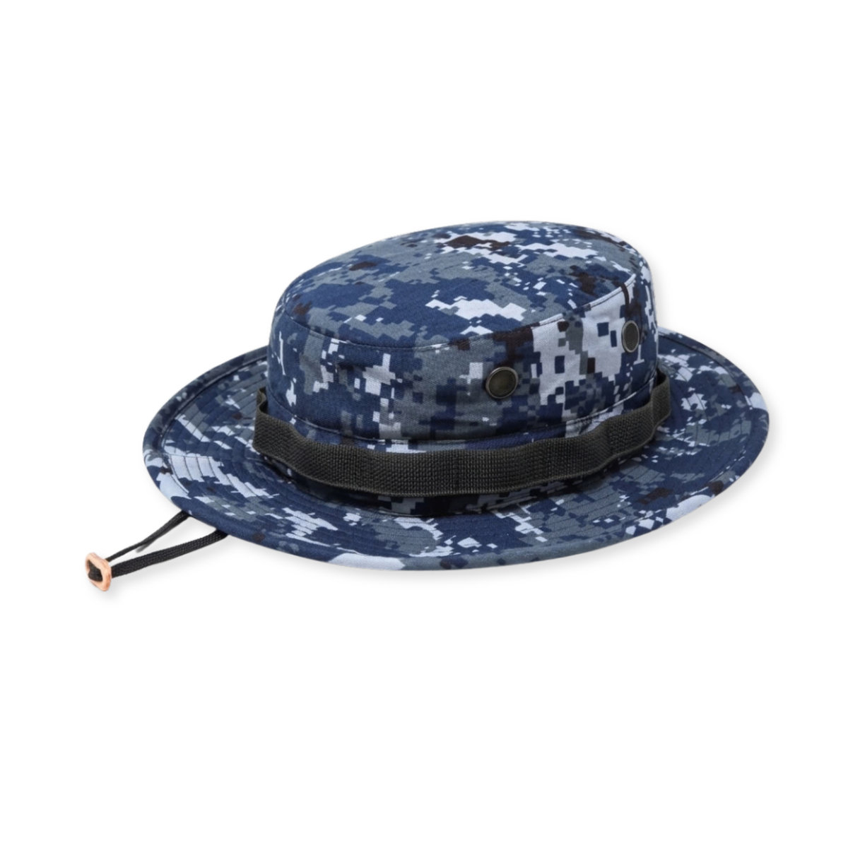 A digital camouflage boonie hat in navy blue, light blue, and white, featuring a black adjustable band and a drawstring closure.