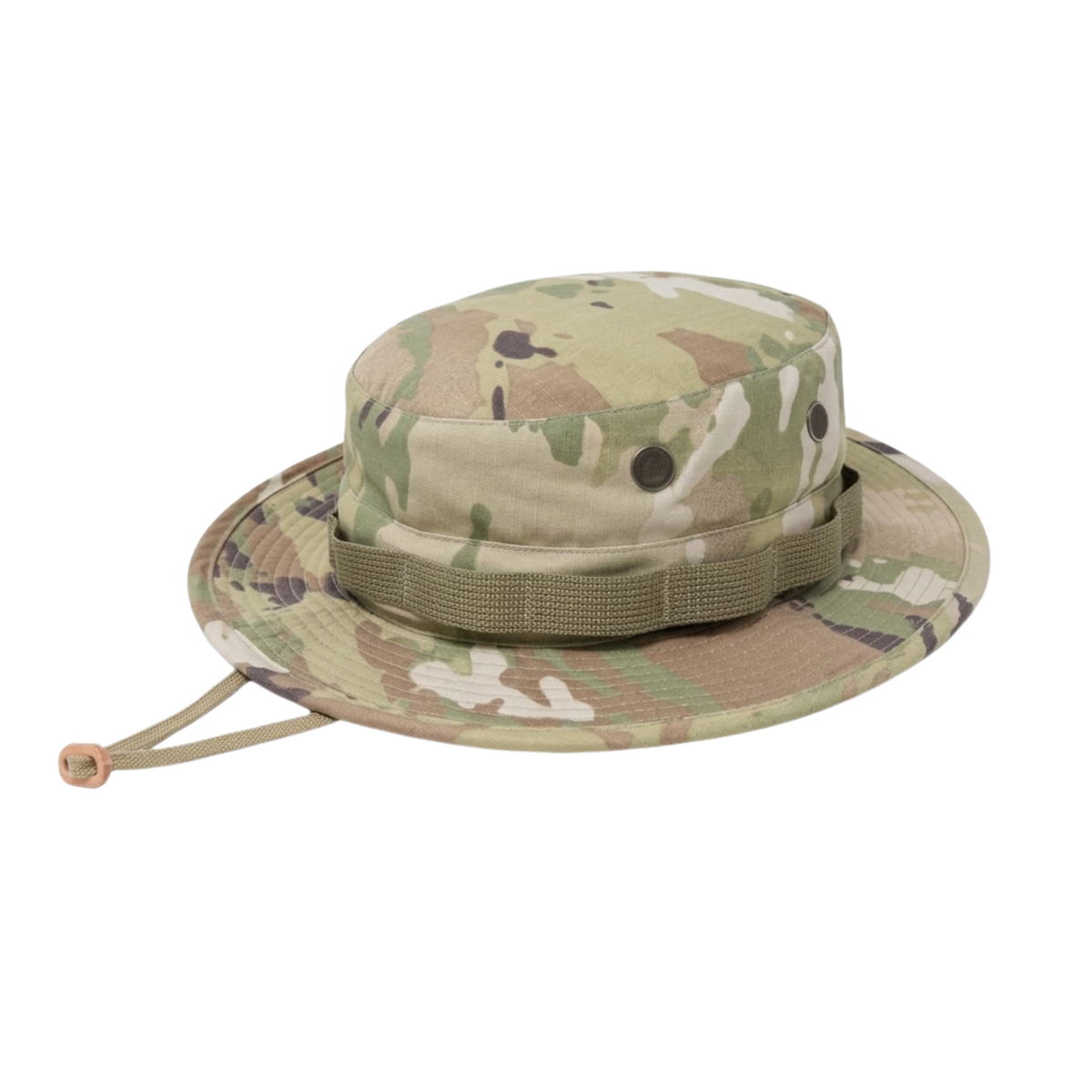 A camouflage boonie hat with a wide brim, a matching fabric chin strap, and a webbed band with metal eyelets, shown on a plain white background.