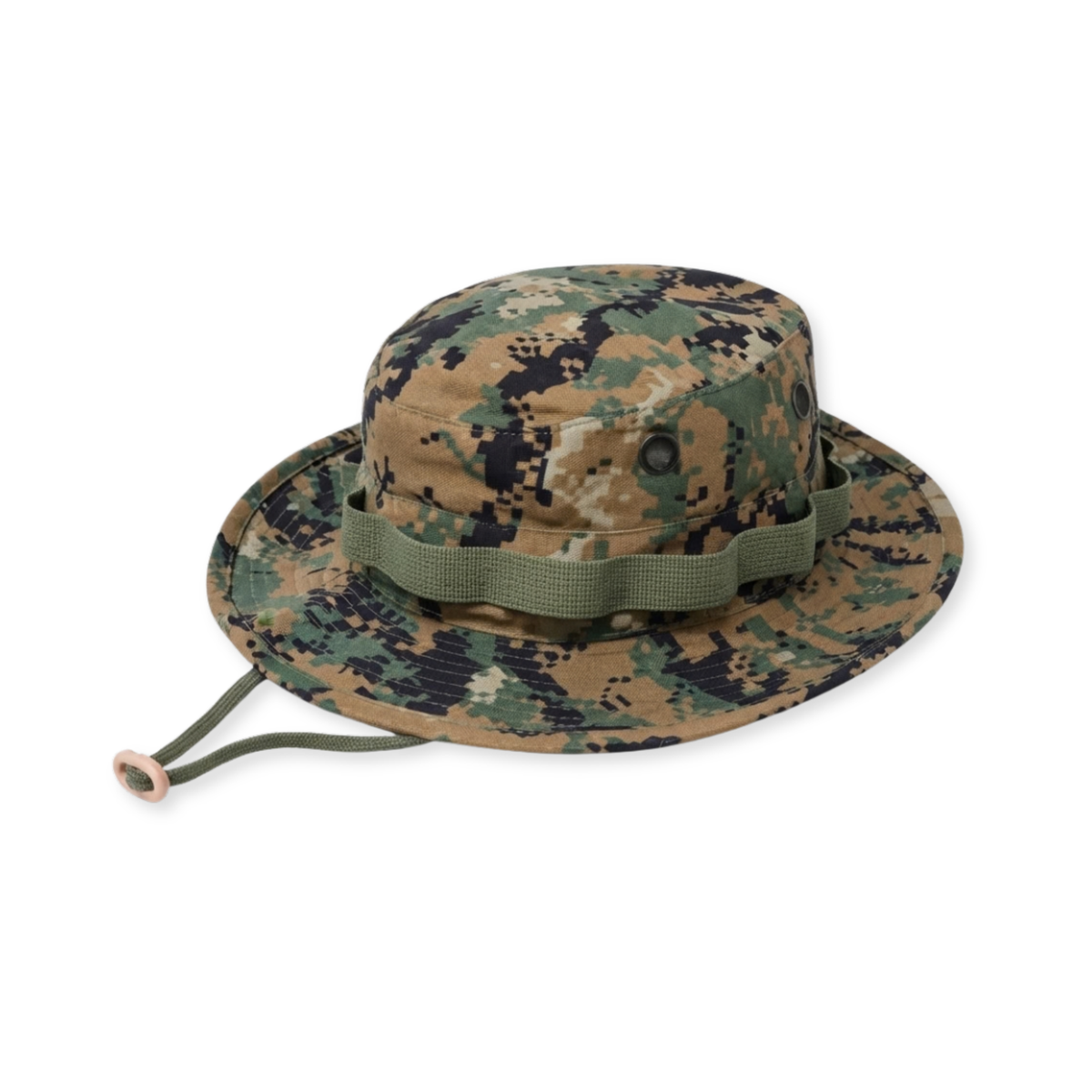 A digital camouflage boonie hat with an olive green chin strap and drawcord, shown on a plain white background.