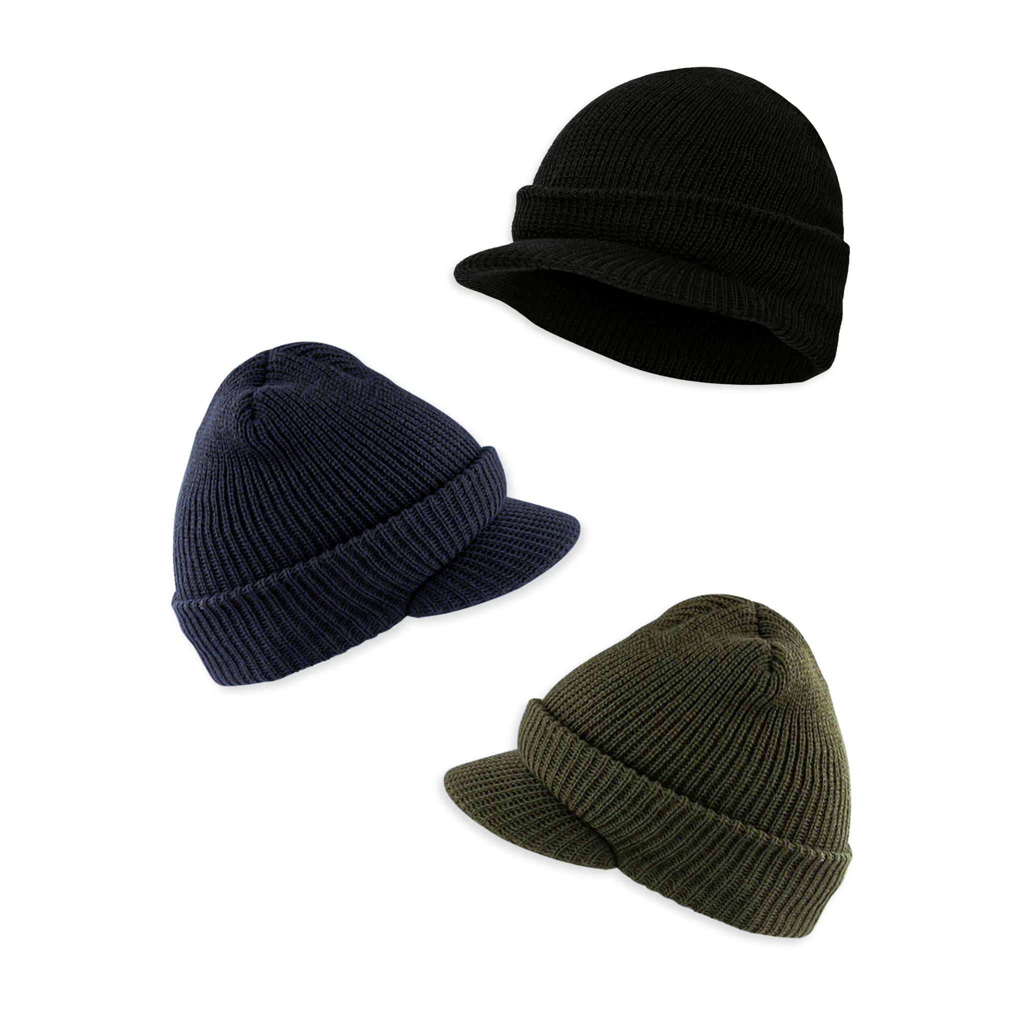 3-Pack -Pack 100% Wool Military Jeep Cap, Black, Navy, OD, One