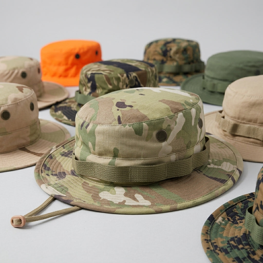 A group of camouflage boonie hats arranged on a light gray studio background, with one tan hat in the foreground and several other color and pattern variants visible behind it.