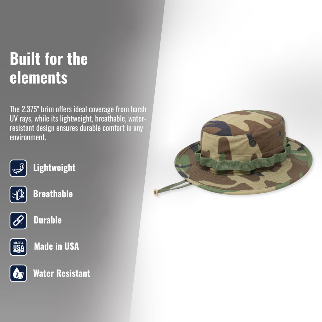 A camouflage boonie hat with a green chin strap and side cord, shown on a split background with text highlighting product features like lightweight, breathable, durable, made in USA, and water resistant.