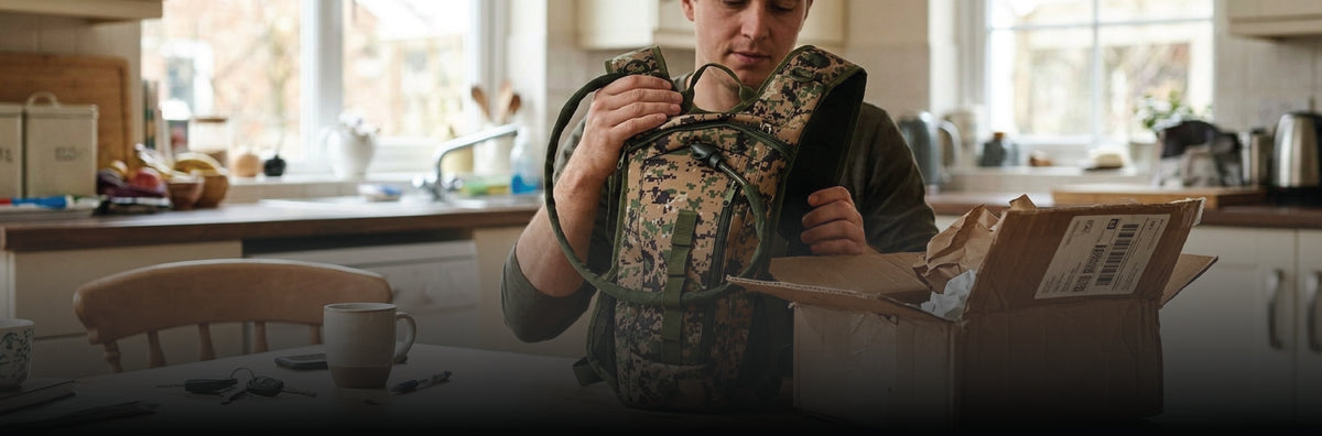 A man in a kitchen setting wearing a camouflage backpack and holding a cardboard shipping box.