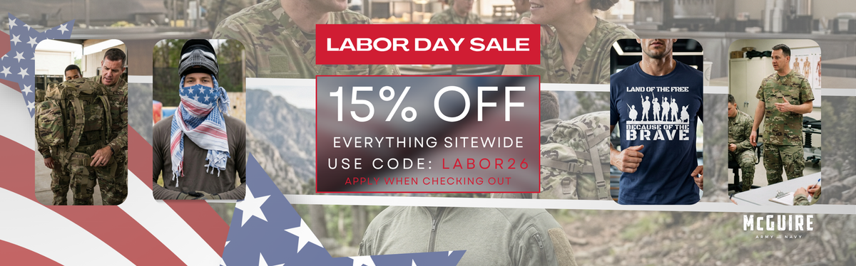 Labor Day sale promotional banner featuring multiple photos of people in military uniforms and a patriotic American flag theme, with large text reading 'LABOR DAY SALE', '15% OFF', 'EVERYTHING SITEWIDE', and a code 'LABOR28'. A McGuire logo appears in the bottom right corner.