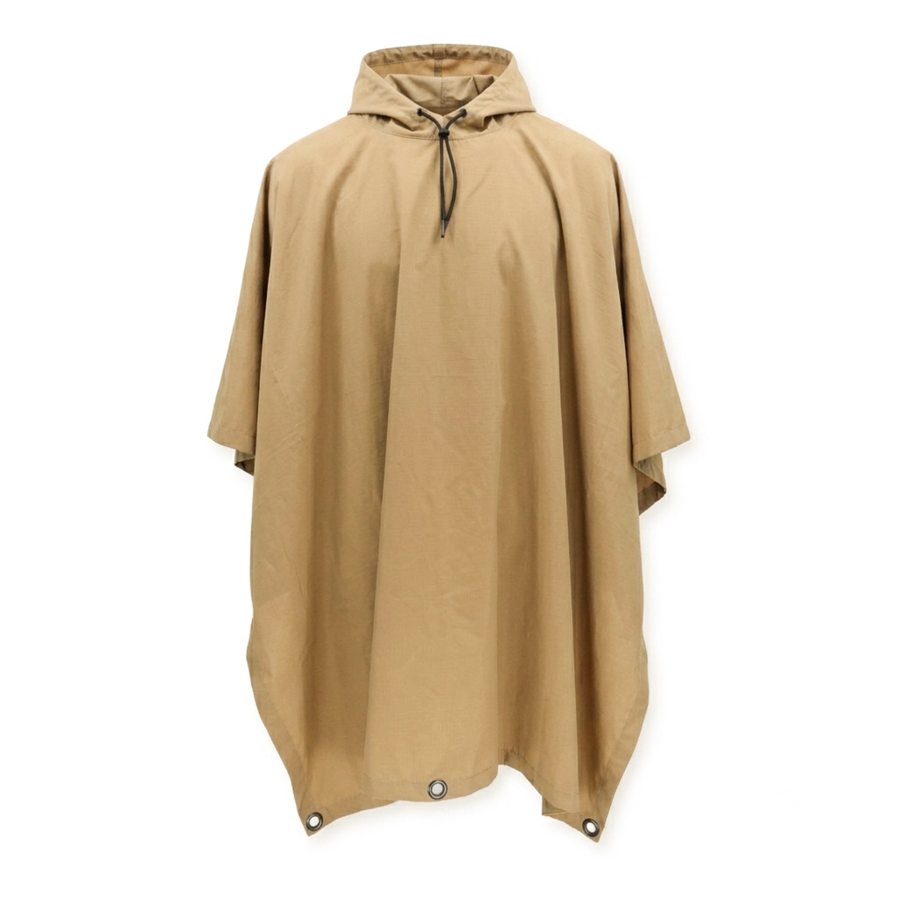 A tan hooded rain poncho with a drawstring hood and snap-button hem, displayed against a plain white background.