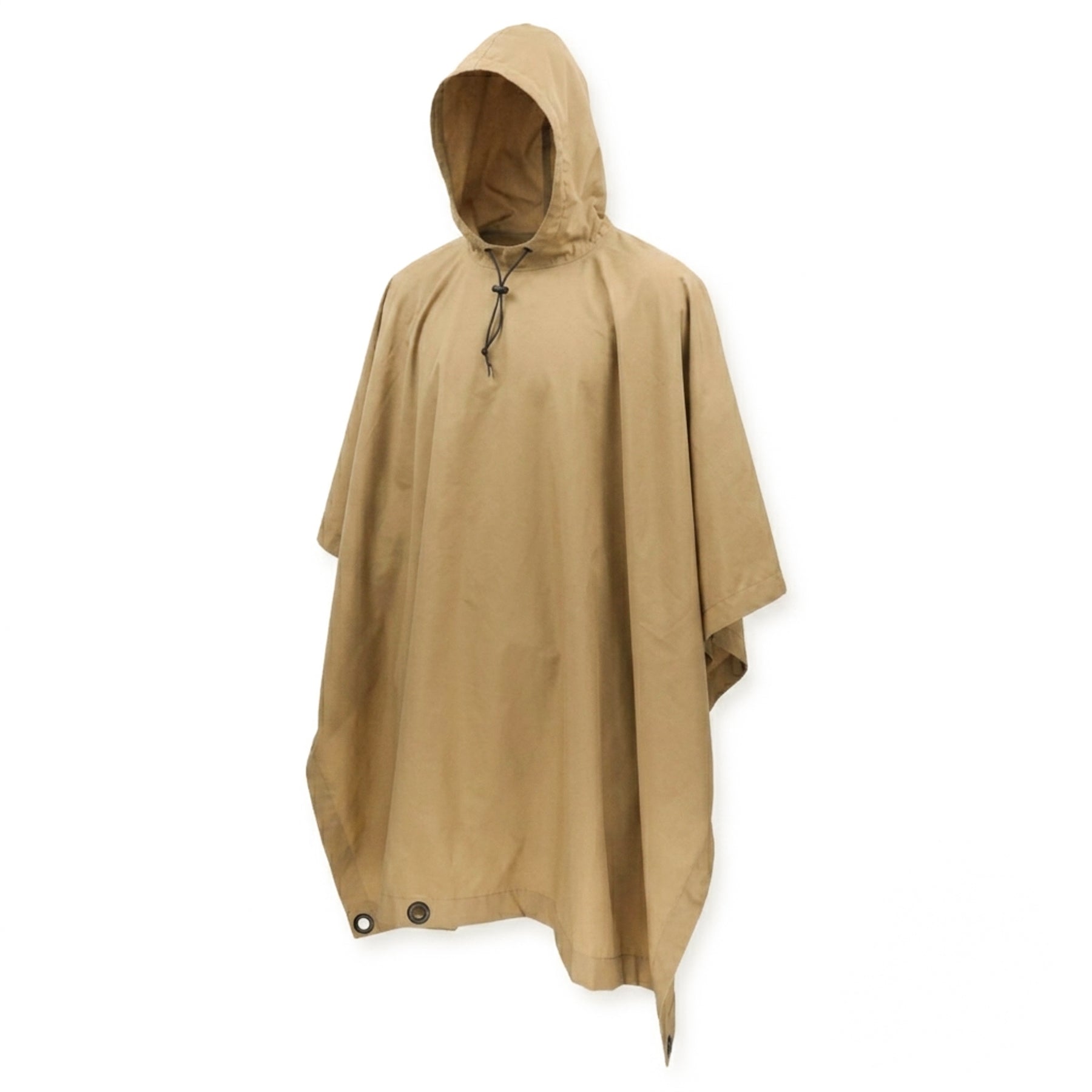 A tan hooded rain poncho with a drawstring neck and snap buttons at the hem, displayed against a plain white background.