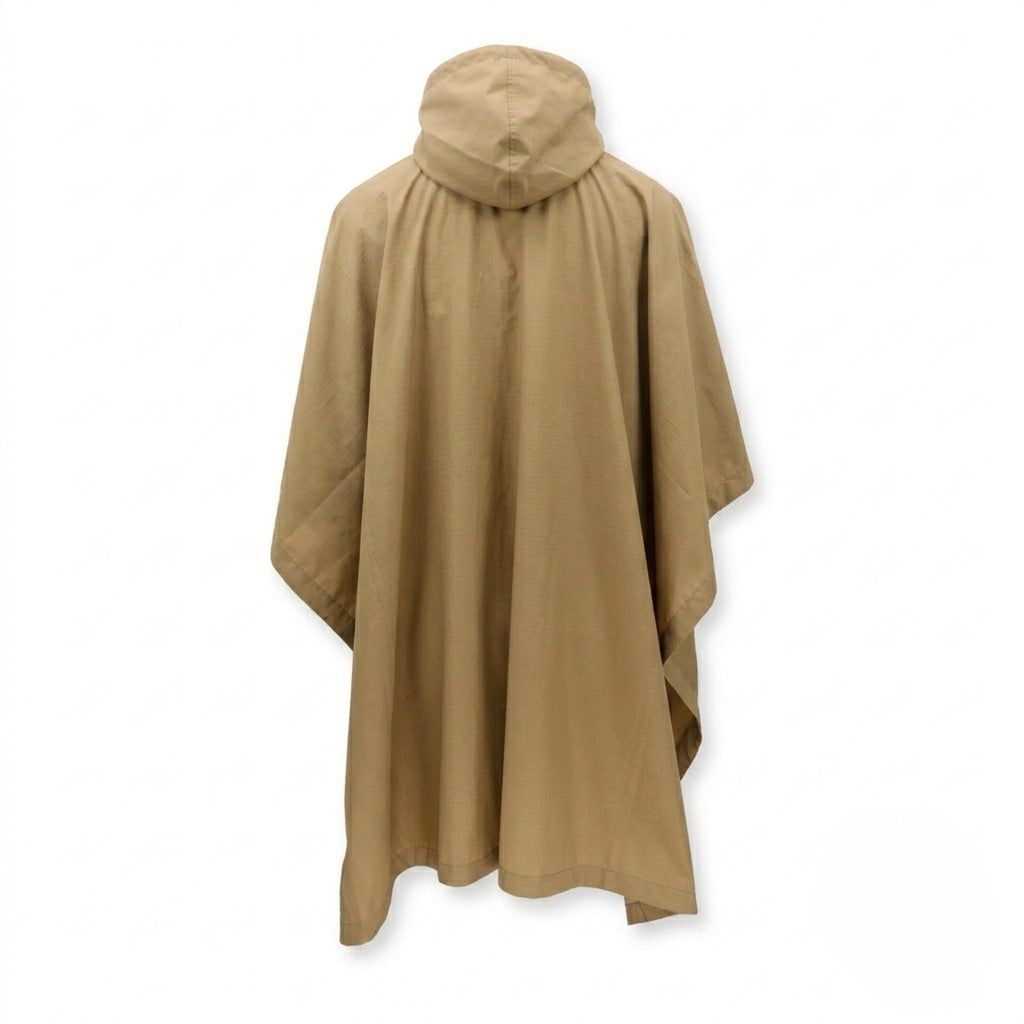 A tan hooded poncho or cape shown from the back against a plain white background.