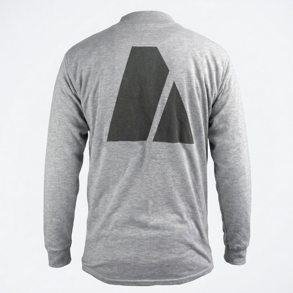 A heather gray long-sleeve t-shirt shown from the back, featuring a large dark gray geometric logo on the upper back.