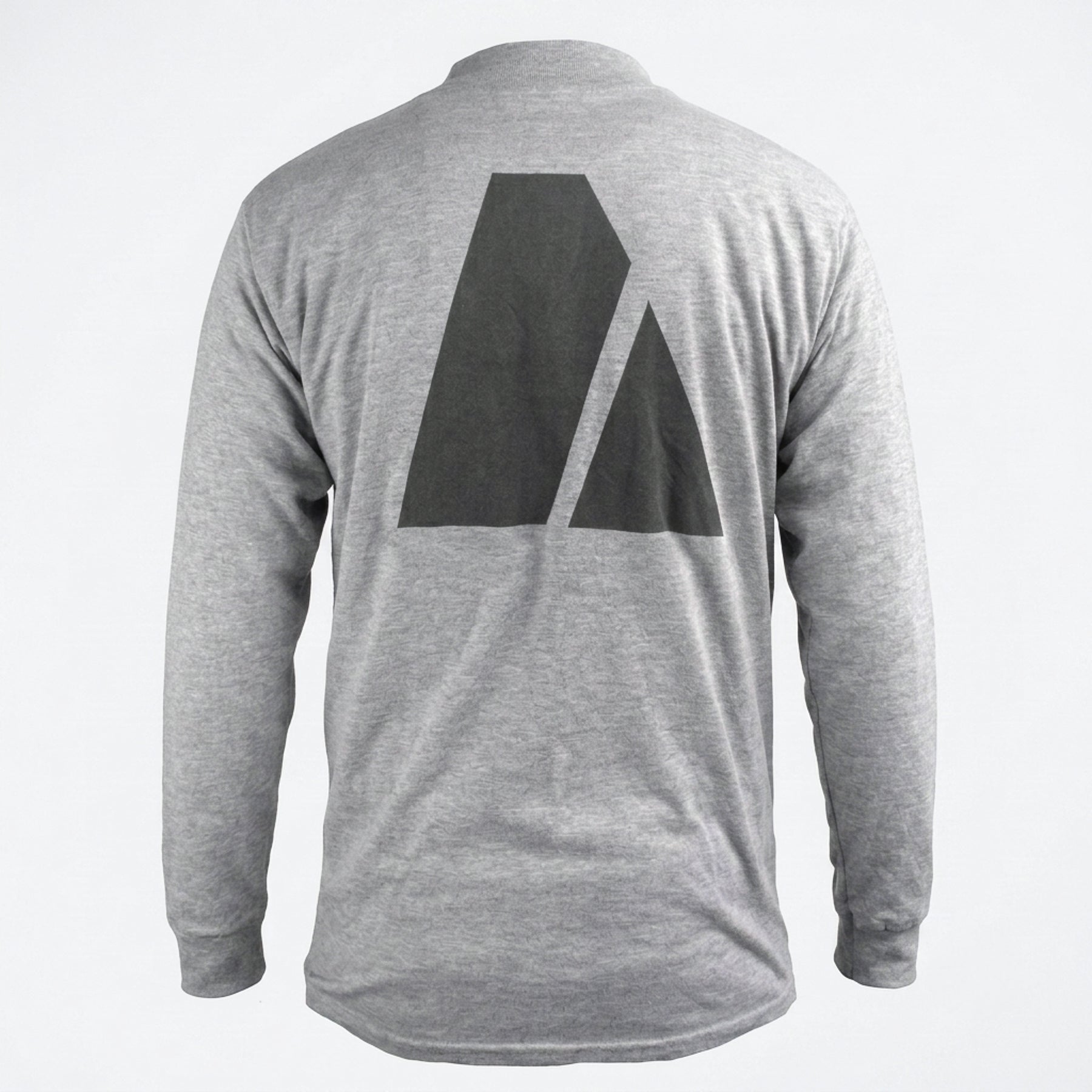 A heather gray long-sleeve t-shirt shown from the back, featuring a large dark gray geometric logo on the upper back.