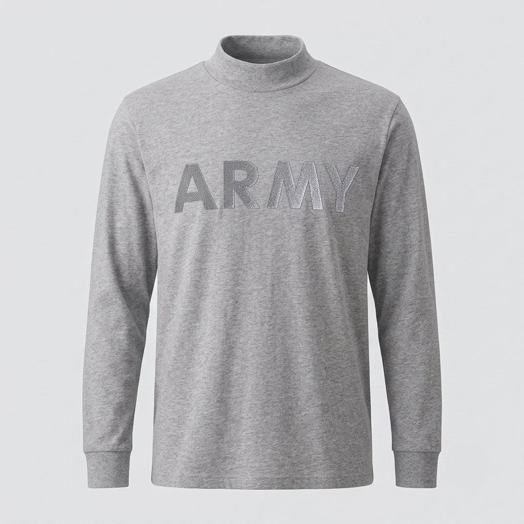 A heather gray long-sleeve mock neck shirt with the word 'ARMY' printed across the chest in a matching gray tone, shown on a light gray background.