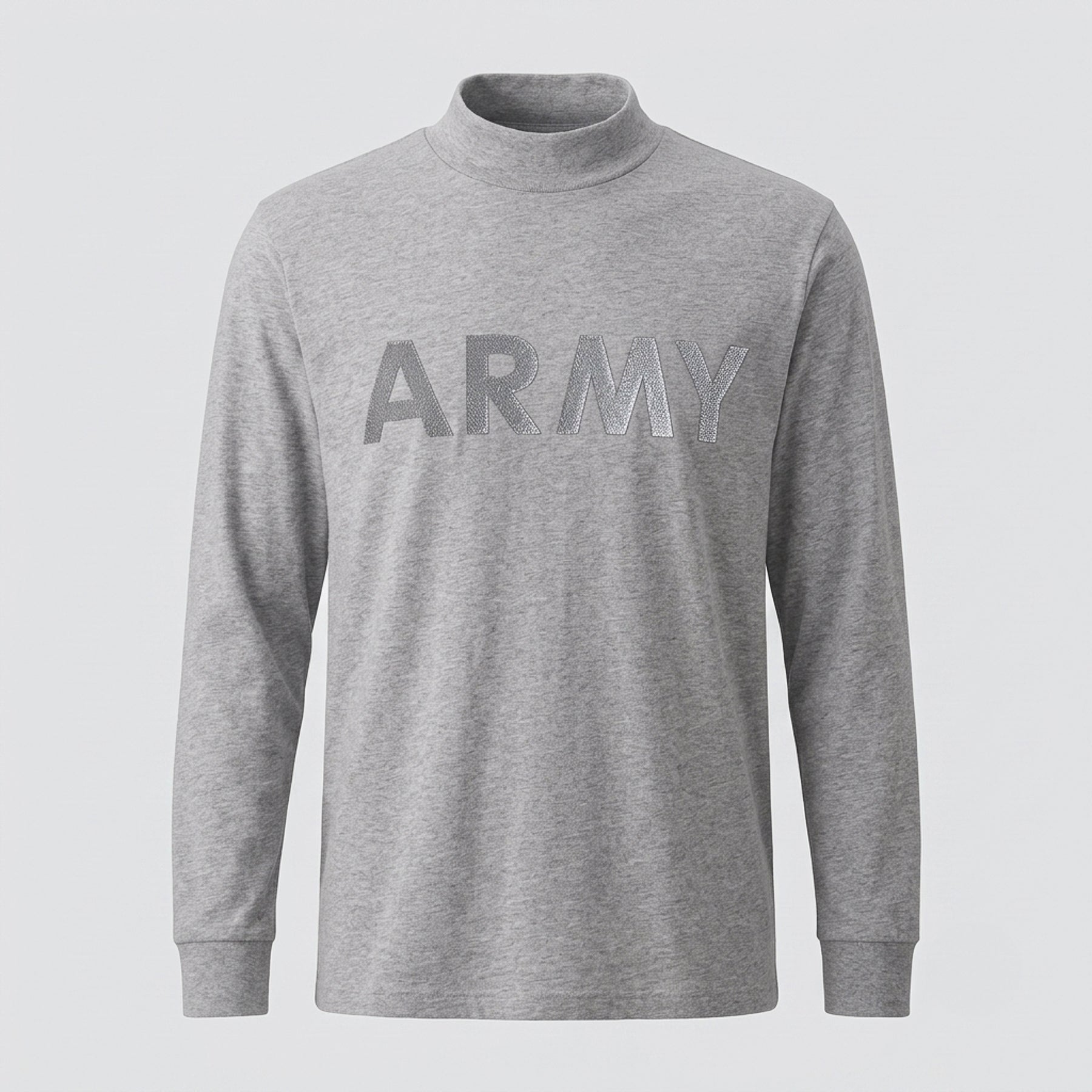A heather gray long-sleeve mock neck shirt with the word 'ARMY' printed across the chest in a matching gray tone, shown on a light gray background.