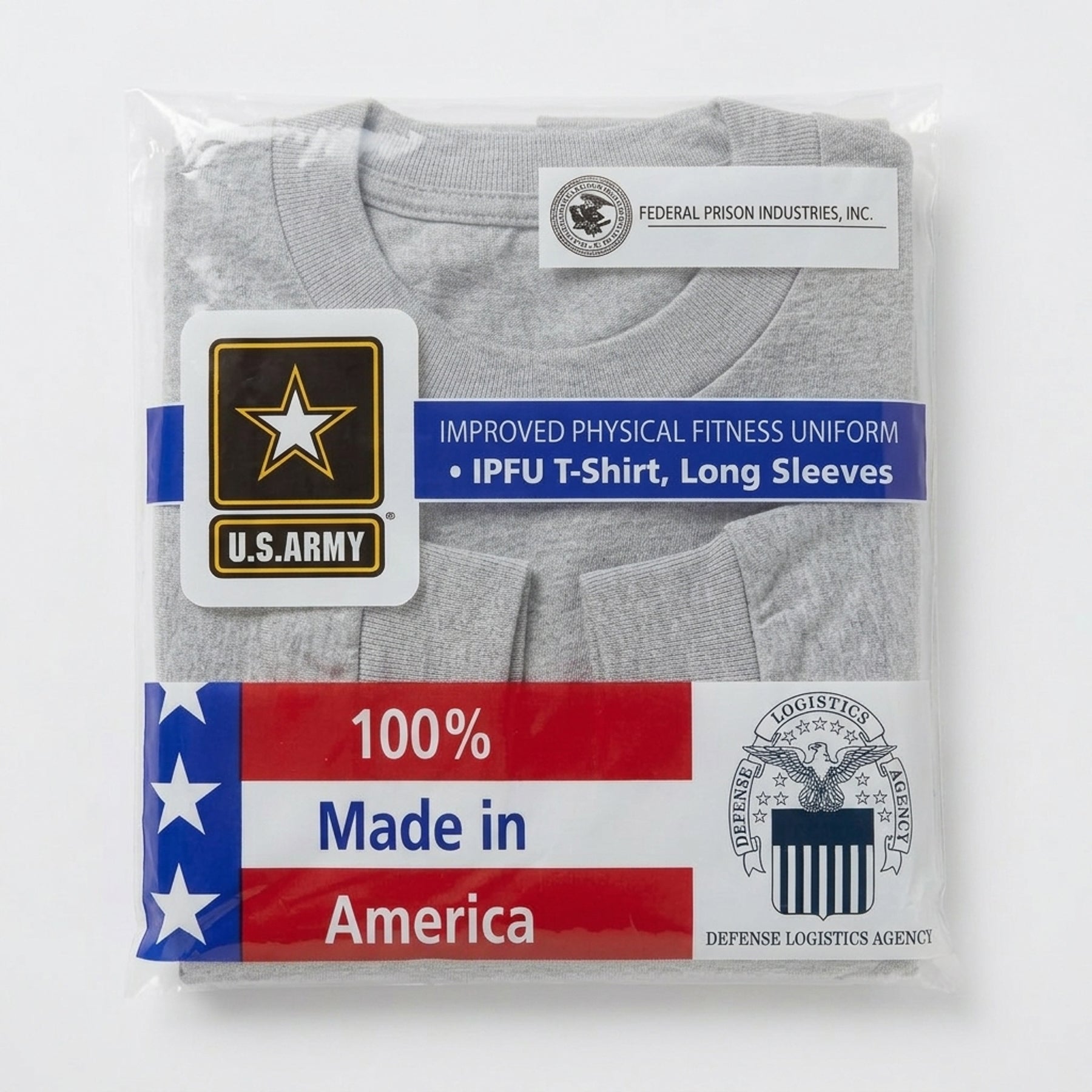 A folded gray long-sleeve t-shirt packaged in a clear plastic bag with U.S.