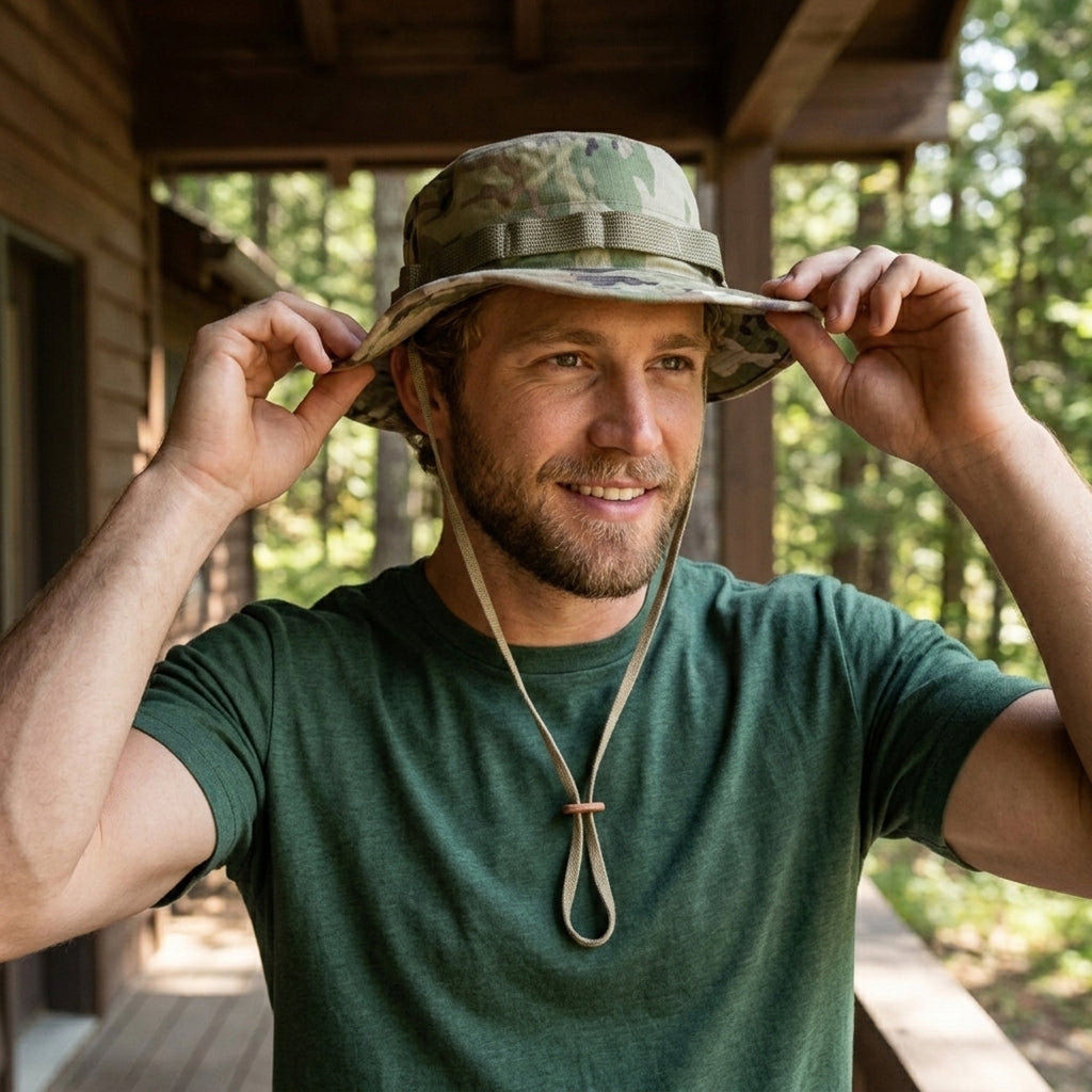 A man wearing a camouflage boonie hat with a tan chin strap, adjusting the brim while wearing a dark green t-shirt on a wooden porch.