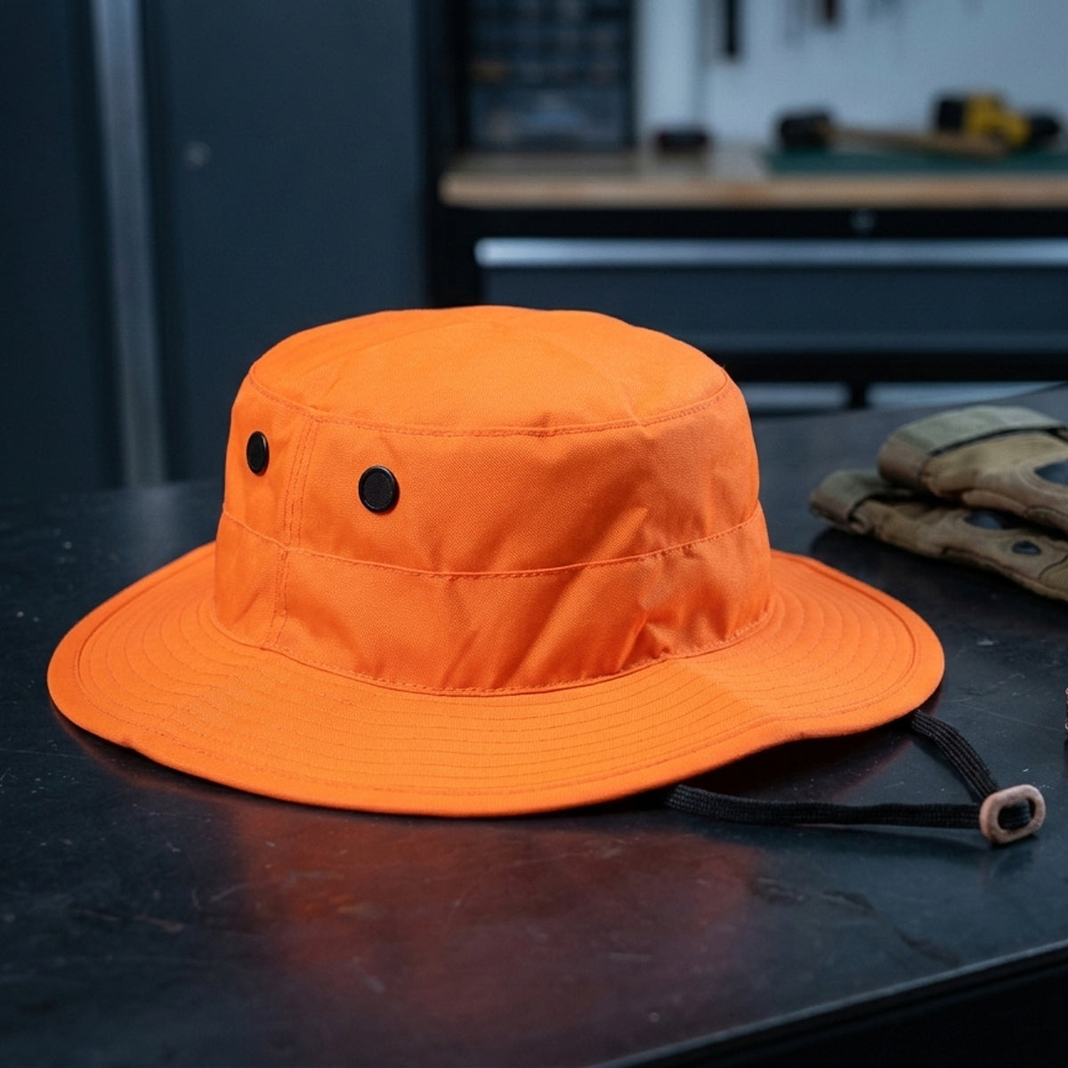 Bright orange bucket hat with black ventilation eyelets and a black chin strap, resting on a dark tabletop with gloves and a workshop background.