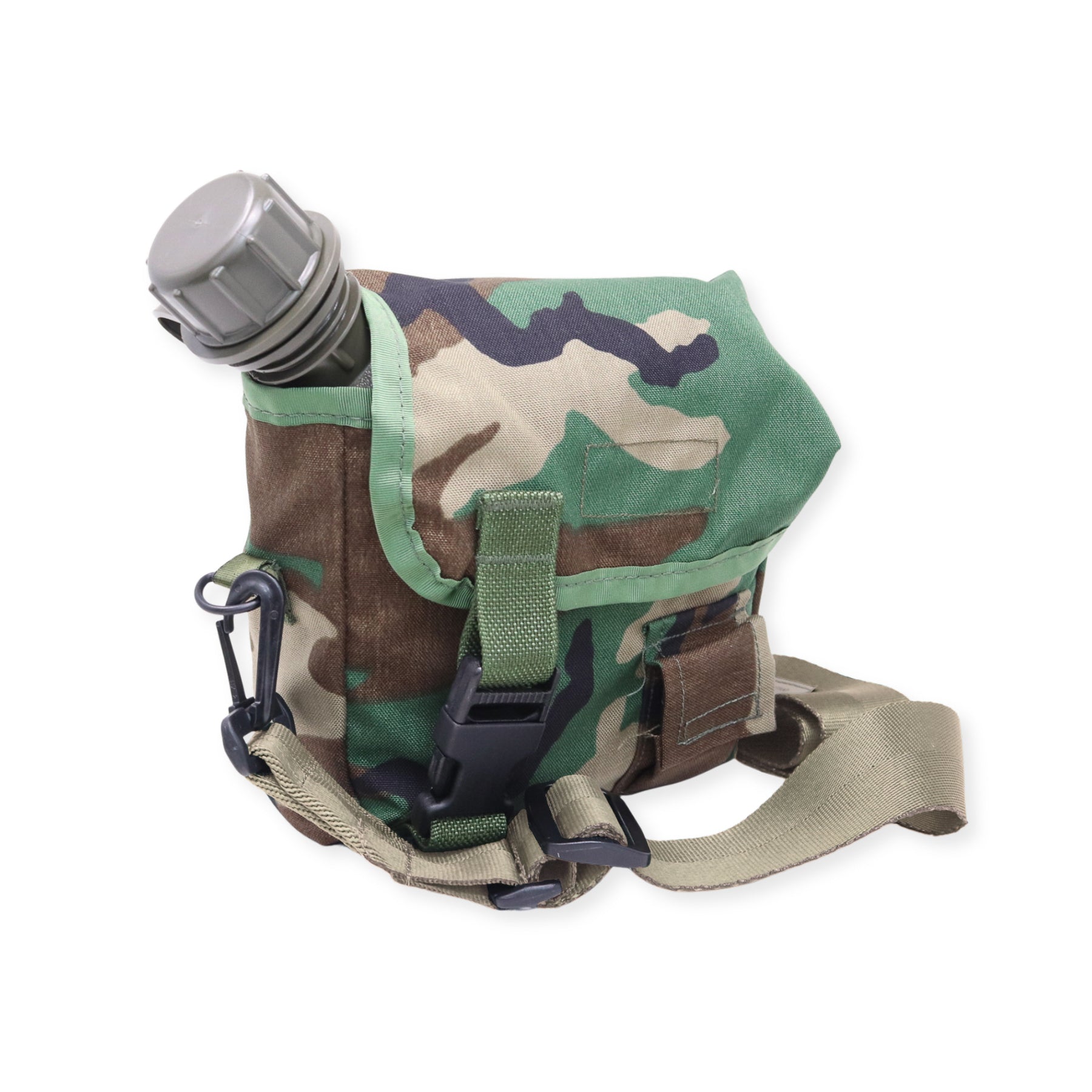 A camouflage utility pouch with a green flap and a gray bottle inserted into it, shown on a plain white background.