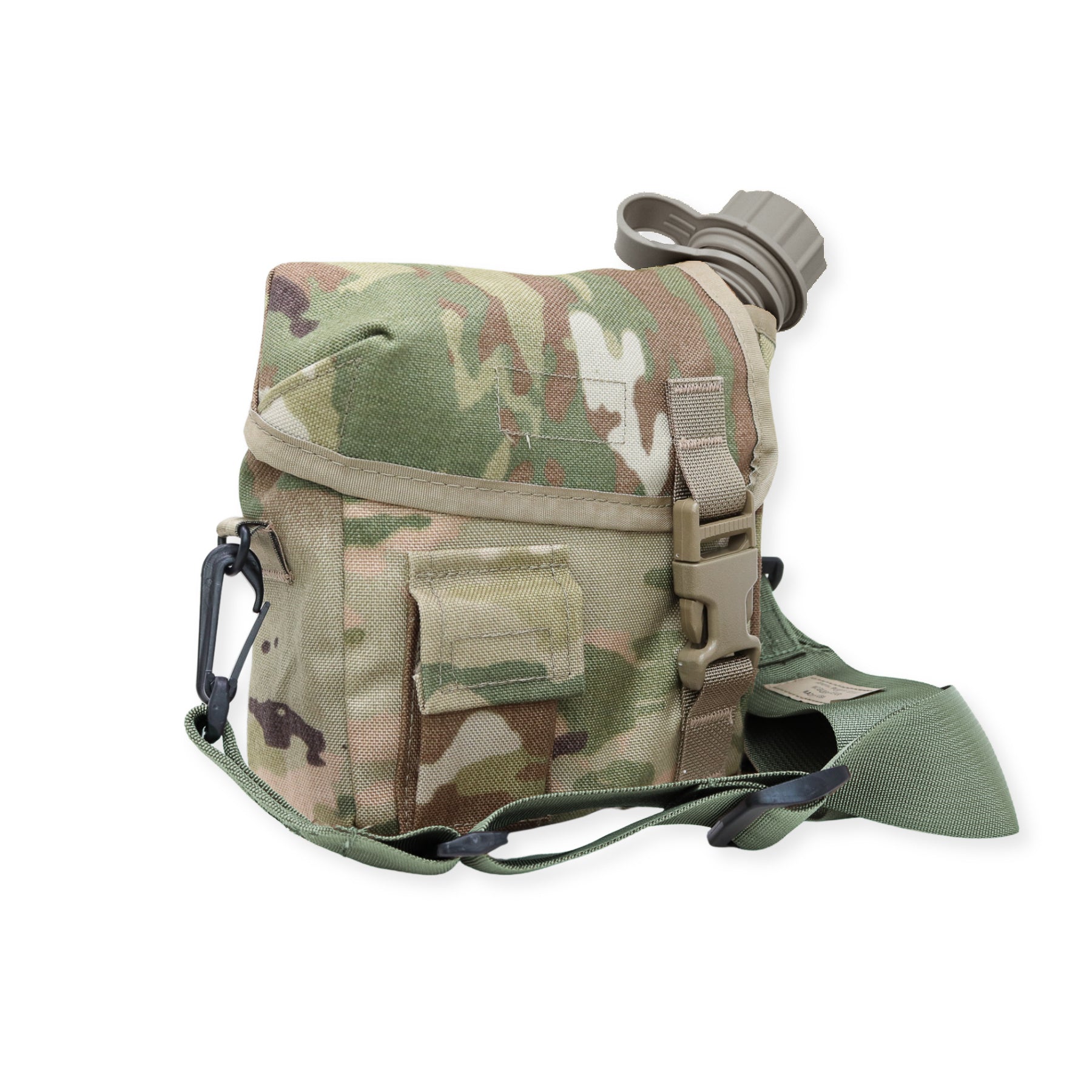A tactical water bottle pouch in a camouflage pattern with a green shoulder strap and a gray bottle cap, shown on a plain white background.