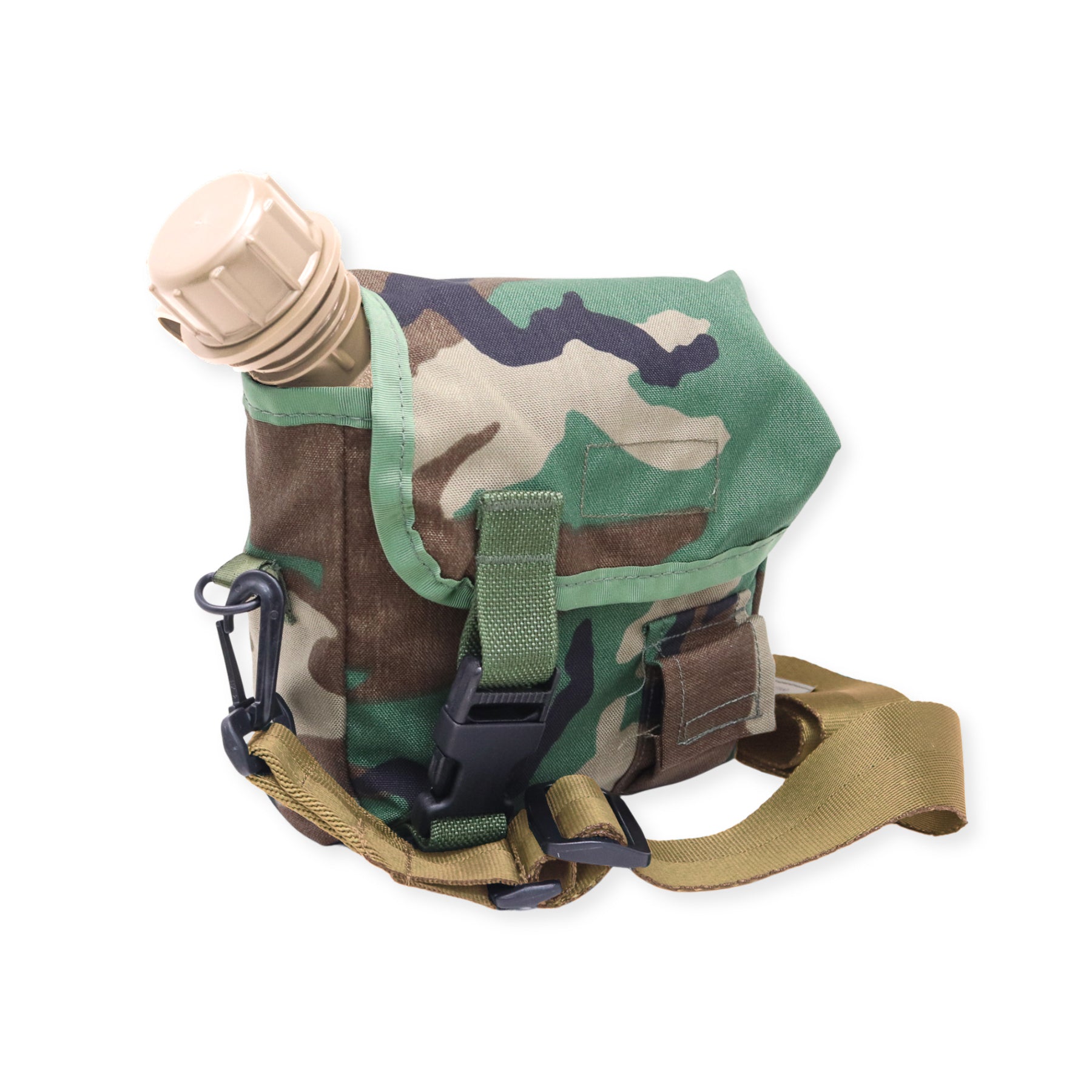 A camouflage tactical water bottle pouch with a green, brown, and tan woodland pattern, featuring a beige water bottle inserted, a green webbing strap, and a tan shoulder strap on a white background.