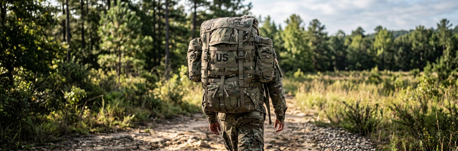 A person wearing military camouflage gear and carrying a large tactical rucksack walks along a dirt path through a wooded outdoor setting.
