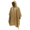 A tan hooded rain poncho with a drawstring neck and snap buttons at the hem, displayed on a plain white background.