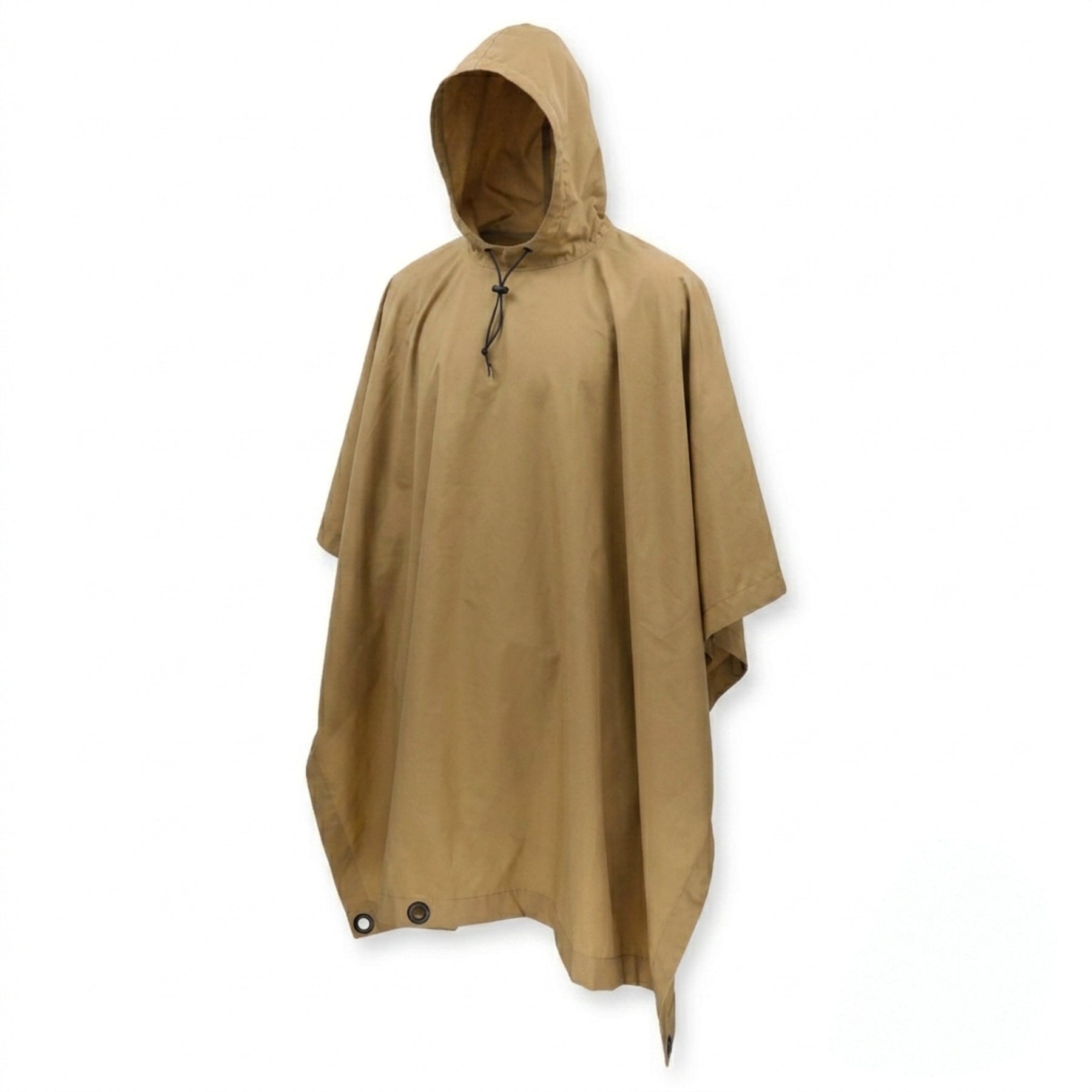 A tan hooded rain poncho with a drawstring neck and snap buttons at the hem, displayed on a plain white background.