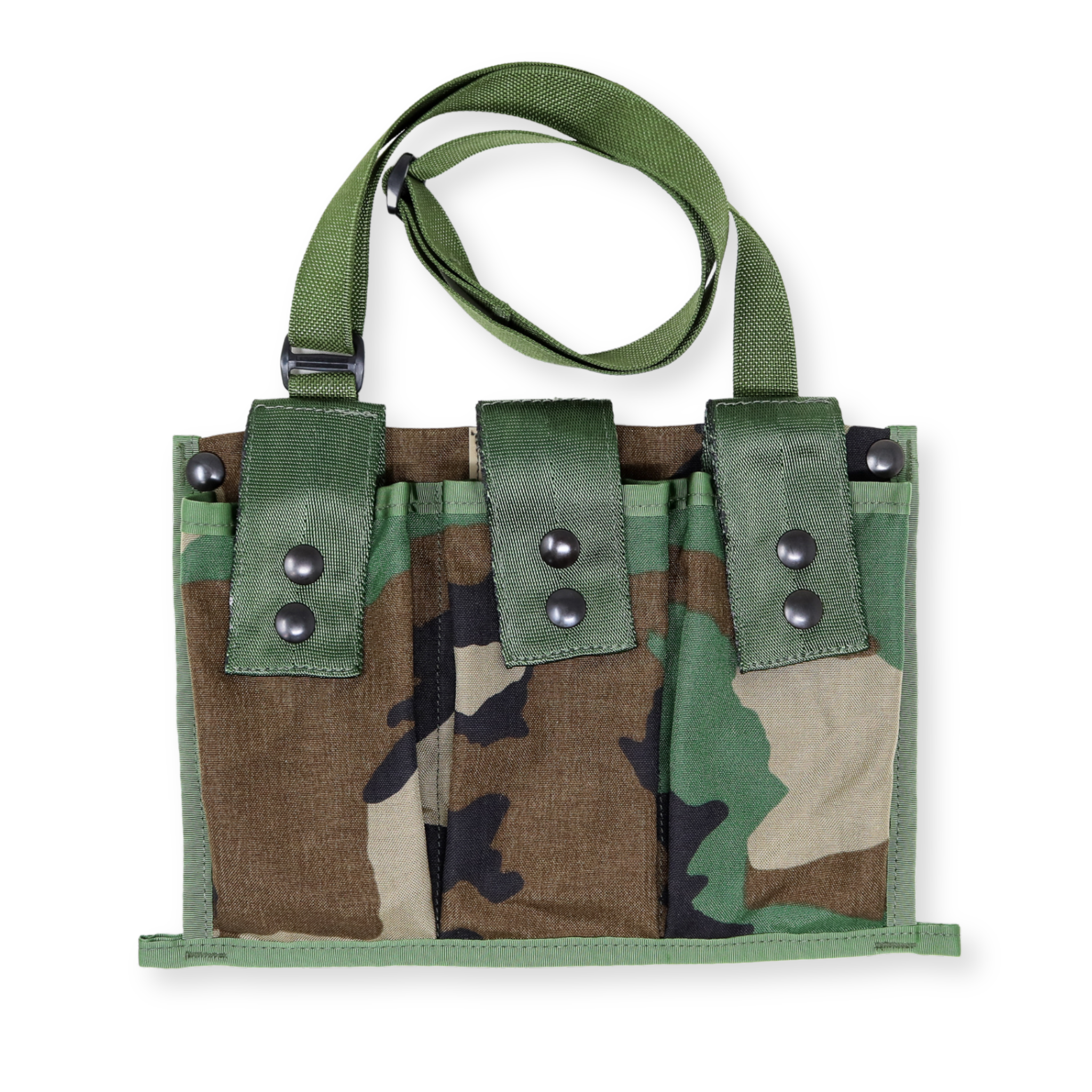 A green camouflage utility pouch with three front pockets, green webbing handles, and silver metal snap buttons, shown on a plain white background.