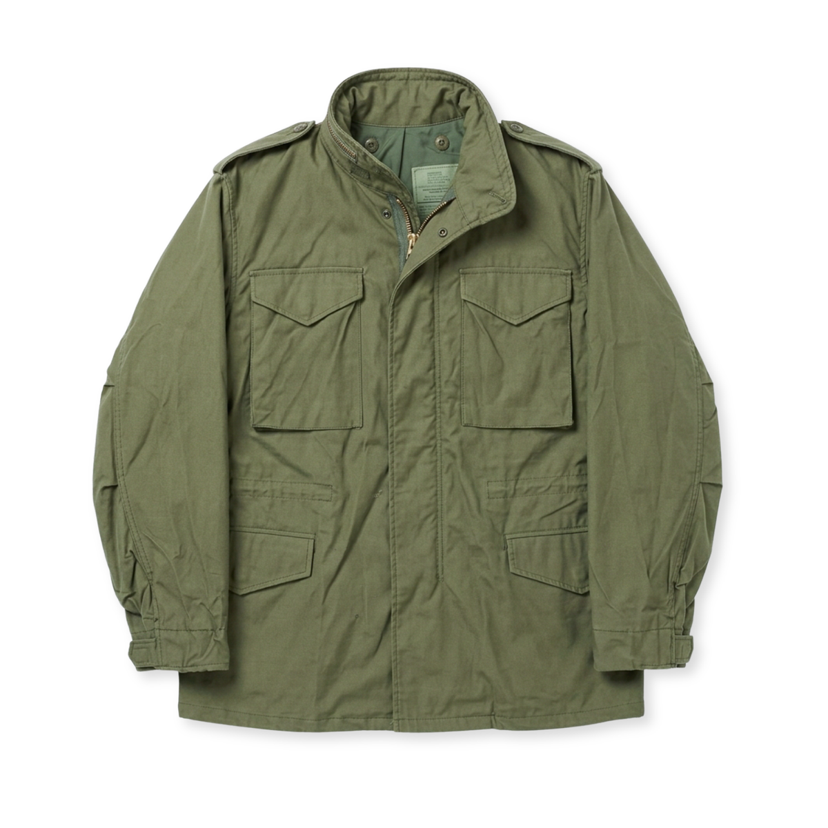 An olive green military-style field jacket with a high collar, shoulder epaulets, and four front flap pockets, laid flat against a white background.